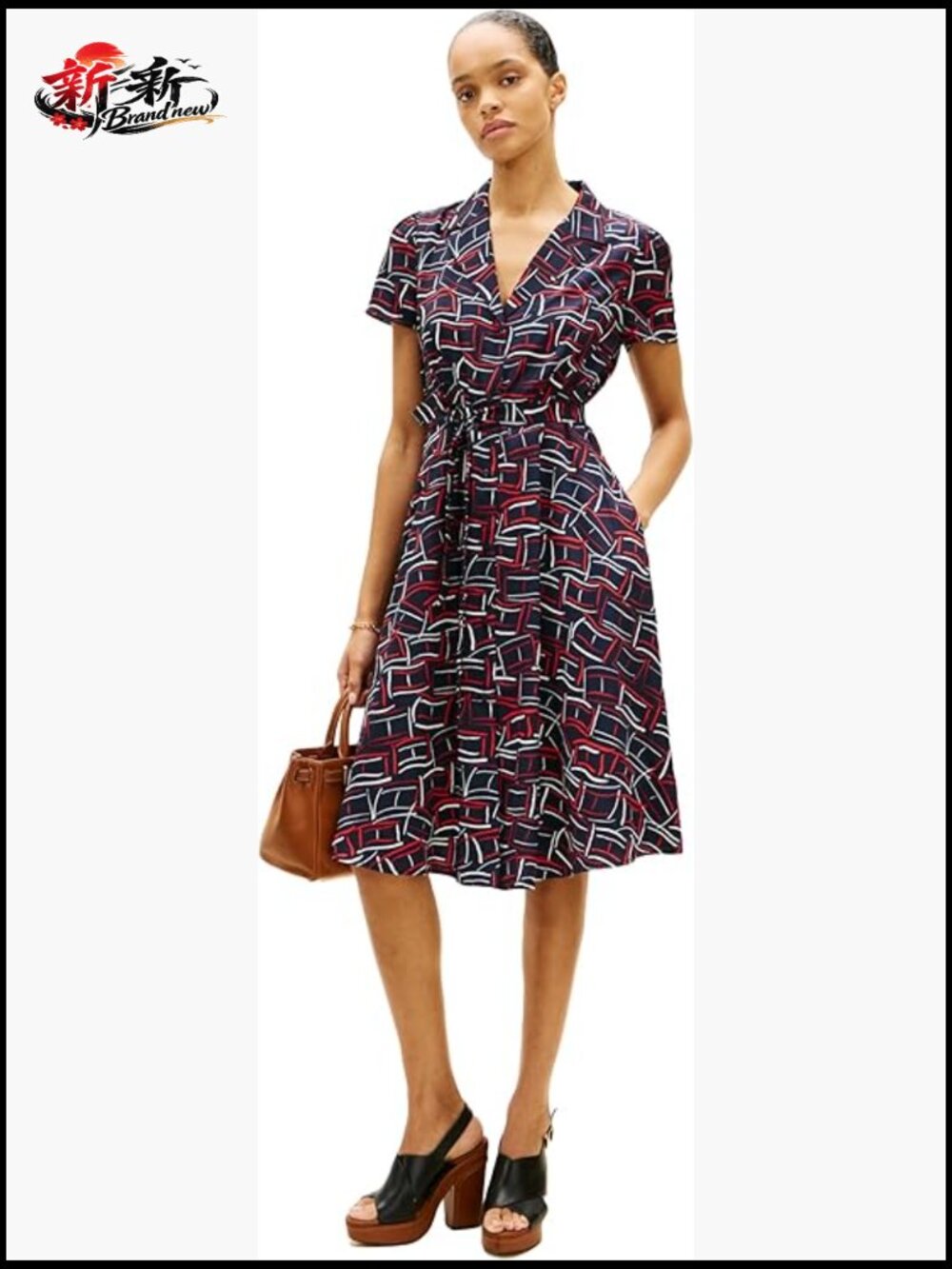 Short Sleeve V Neck Printed Shirt Dress Work Business Casual